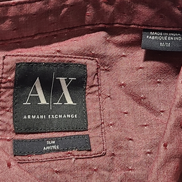 Armani Exchange Slim Fit Mens Medium Burgundy Red Long Sleeve Button Front Shirt - Picture 5 of 5